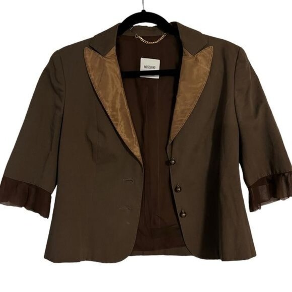 MOSCHINO Brown Blazer Jacket With Ruffled Sleeve Size US 10 - Picture 4 of 16